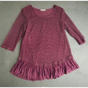 Indigo Soul Tunic Womens M Burgundy Mesh Sequin Embroidered Ruffle Hem Boho Top